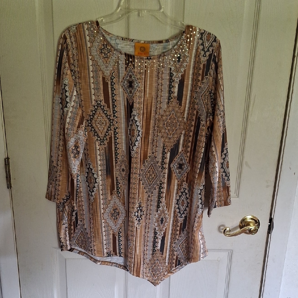 Ruby Rd. Geometric Tan and Black Blouse, M